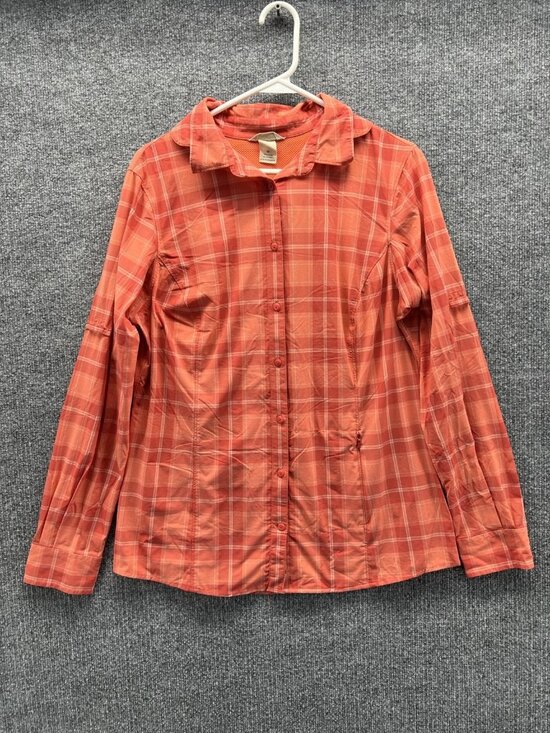 Duluth Trading Co. Tops - Duluth Trading Co Shirt Women Medium Orange Plaid Collared Long Sleeve Button